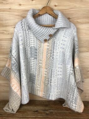 Free People Willow Poncho Gray Fair Isle Aztec Wool Blend Cowl Neck XS Oversized